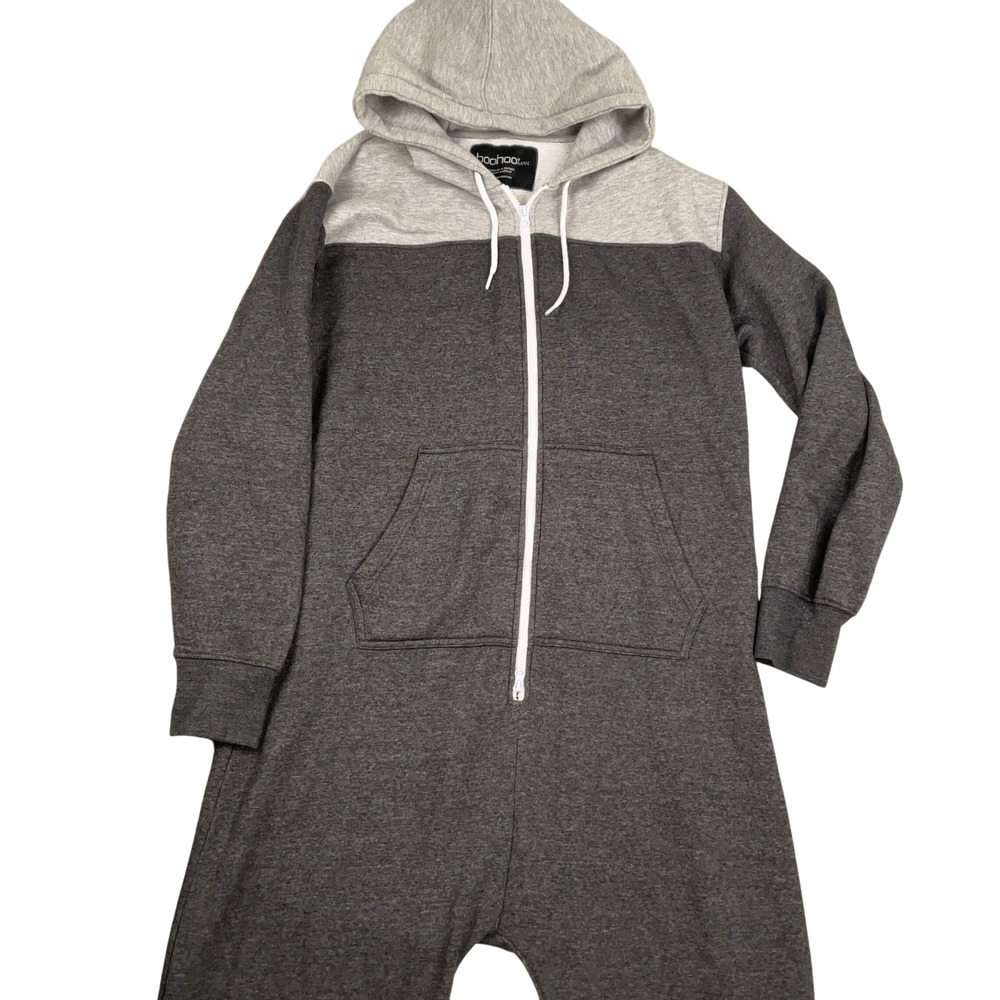 BoohooMAN Onesie Men Large Gray Sweatsuit Hoodie Jumpsuit Loungewear Fleece‎